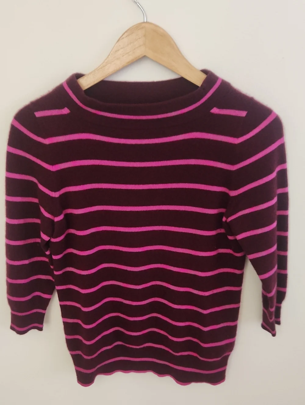 J. Crew Italian Cashmere Burgundy and Pink Striped Crewneck Sweater Small